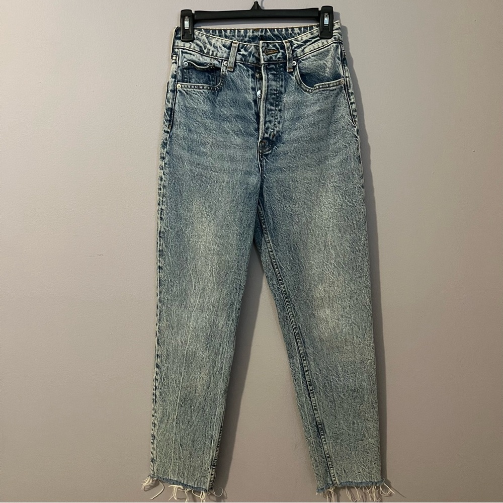 DIVIDED blue denim high rise button fly distressed medium wash raw hem size 4